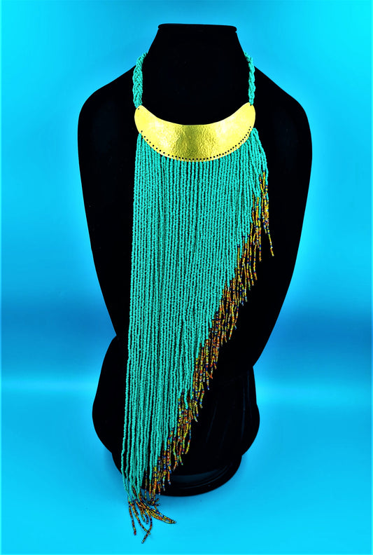 Turquoise Slanted Brass And Beads Necklace